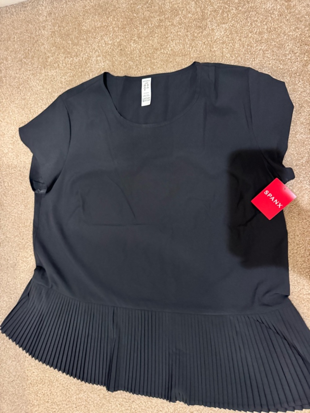 SPANX Black Pleated-Hem Short Sleeve Blouse large